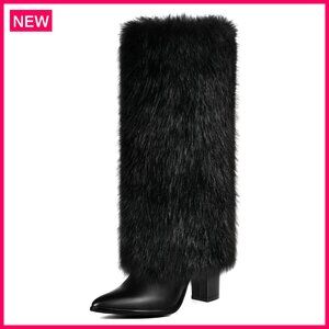 Chunky Heel Knee High Faux Fur Boots Wide Calf Side Zipper Fold Over